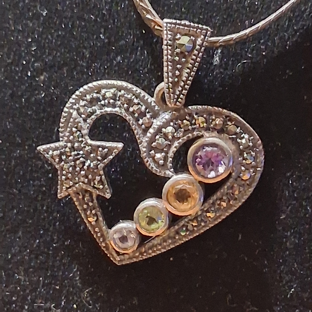 Sterling Silver Heart and Star Pendant with Multicolor Gemstones